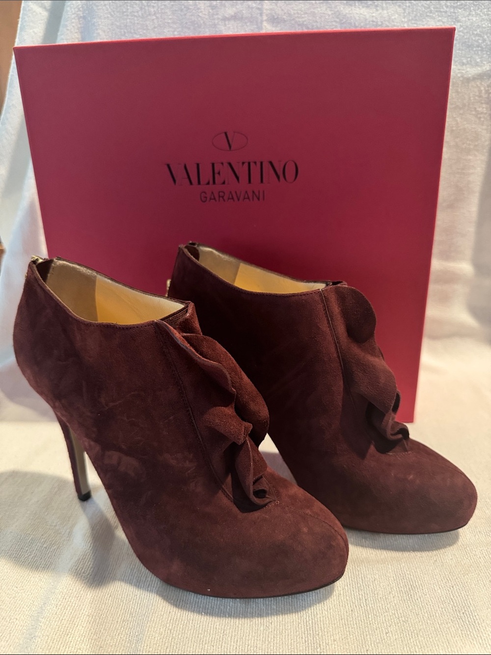 Valentino Burgundy Suede Ruffle Ankle Booties - Size 37.5 NIB